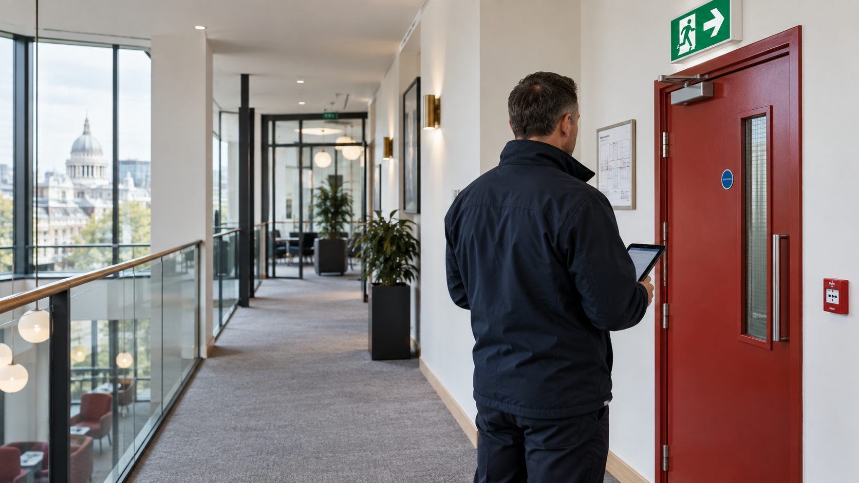 A fire risk assessor inspecting a fire door in a commercial building